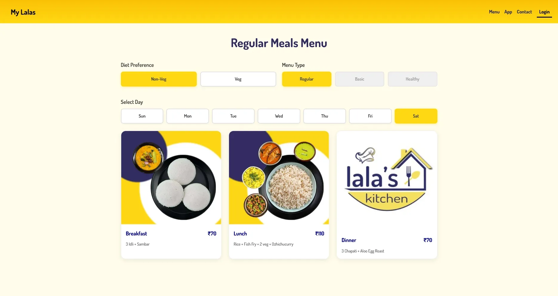 Screen of lalas kitchen platform showing menu of a day